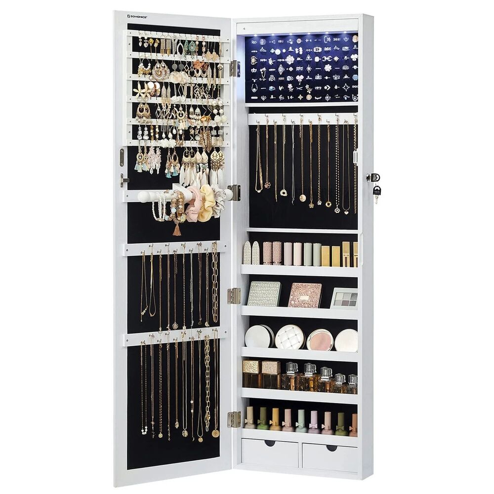 SONGMICS 6 LEDs Mirror Jewelry Cabinet 47.2Inch Tall Lockable Wall or Door M...